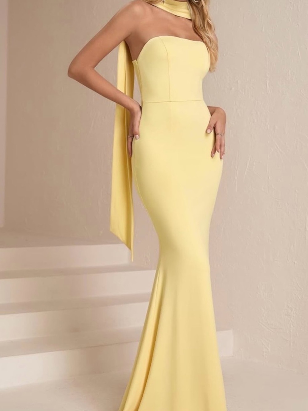 Strapless Yellow Mermaid Evening Dress with Scarf Detail